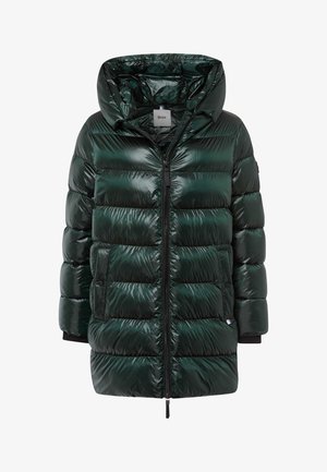 Giacca imbottita verde tipo puffer con finitura lucida, cappuccio, chiusura a zip e bottoni a scatto su due tasche laterali. Pannelli texturizzati e polsini elastici.