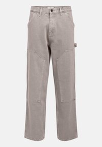 Light gray cotton pants with a straight leg design, large front pockets, and a button closure. Features reinforced stitching and a tag at the waistband.