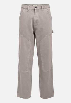 Light gray cotton pants with a straight leg design, large front pockets, and a button closure. Features reinforced stitching and a tag at the waistband.