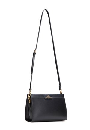 Zwarte lederen schoudertas met verstelbare band, gouden hardware en "WITTCHEN"-logo op de voorflap.