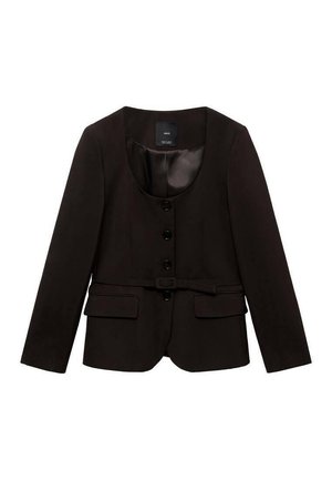 Schwarzer strukturierter Blazer mit rundem Ausschnitt, fünf Knöpfen, taillierter Taille und zwei Vorderaschen. Hergestellt aus glattem Stoff mit Satinfinish.