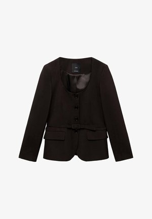 Črn strukturiran blejzer z okroglim izrezom, petimi gumbi, pasom in dvema sprednjima žepoma. Narejen iz gladkega materiala s satenu podobnim zaključkom.