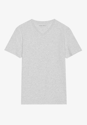 Light grey V-neck t-shirt made of soft, lightweight fabric. Features short sleeves and a simple, minimalist design without patterns.