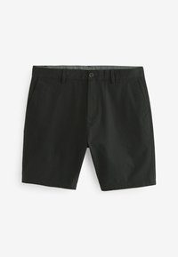 Shorts noirs en tissu léger, avec une fermeture à bouton, deux poches avant et un design droit.