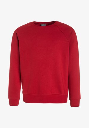 Sweat-shirt rouge uni à manches longues, col rond, avec poignets et ourlet côtelés, adapté pour une tenue décontractée.