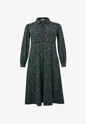 Zwarte midi-jurk met groen abstract patroon, lange pofferige mouwen, een kraag en een ritssluiting aan de voorkant.