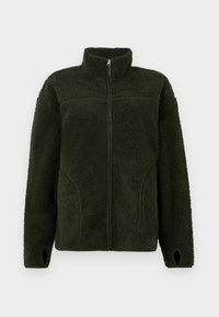 Giacca in pile di colore verde scuro con colletto alto, chiusura a zip completa, tasche laterali e tessuto testurizzato, caratterizzata da polsini aperti.