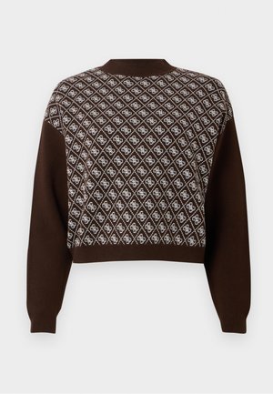 Brauner Pullover mit langen Ärmeln, weißem Rautenmuster und ineinander verschlungenem Logo-Design, gerippter Ausschnitt, Bündchen und Saum.
