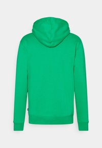 Zelená mikina s kapucí vyrobená z měkké látky, má dlouhé rukávy a přiléhavý lem. Hladký povrch bez viditelných vzorů nebo akcentů.
