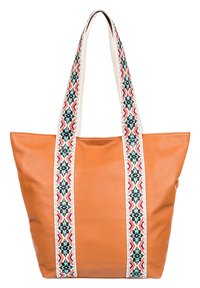 Torebka tote ze skóry w kolorze brązowym z haftowanymi, wielokolorowymi paskami z geometrycznymi wzorami, miękka w dotyku i przestronna.