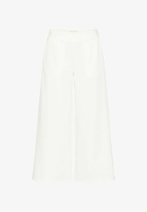 Białe spodnie o szerokich nogawkach z gładką teksturą, z elastycznym pasem i dwoma fałdami z przodu dla dodatkowego detalu.
