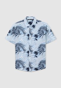 Camicia a maniche corte con bottoni in tessuto azzurro chiaro, caratterizzata da motivi tropicali a foglia navy scuro e bottoni dorati lungo la parte anteriore.