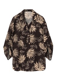 Blouse noire avec un motif tropical de feuilles et de fleurs crème, patte de boutonnage, col rabattu et manches amples. Tissu doux, coupe décontractée.