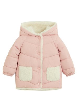 Veste rembourrée rose pour tout-petit avec capuche, doublure en fausse fourrure crème, boutons-pression à l’avant, poignets élastiques, et deux poches avant crème et pelucheuses.