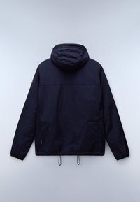 Navyblauwe, lichte jas met een capuchon, elastische manchetten en trekkoorden aan de onderkant. Glad materiaal, minimalistisch ontwerp, geen zichtbare patronen.