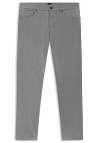 Gray trousers with a textured pattern, featuring a button closure, belt loops, and five pockets, designed in a slim fit.