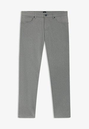 Szare spodnie z wzorzystym materiałem, z zapięciem na guzik, szlufkami na pasek i pięcioma kieszeniami, zaprojektowane w dopasowanym kroju.