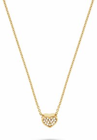 Guld halskæde med en hjerteformet vedhæng besat med små klare sten. Har en delikat kæde, glat tekstur og en blank finish.