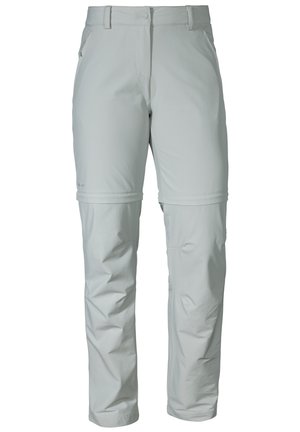 Hellgraue Zip-Off-Hosen mit glatter Textur, taillierten Schnitt, Fronttaschen und verstellbarem Bund. Geeignet für Outdoor-Aktivitäten.