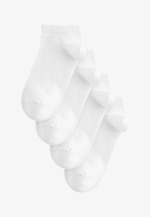 White cotton socks, ankle length, with a smooth texture. Features a reinforced heel and toe, and no visible patterns or designs.