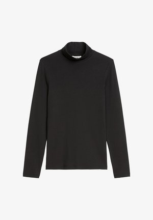 Schwarzes langärmliges Turtleneck-Shirt aus weichem Stoff; hat einen hohen Kragen und eine figurbetonte Passform, ohne sichtbare Muster oder Akzente.