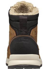 Bruine leren laars met een bovenkant van zwart nylon, nepbont voering, padded kraag en een geprofileerde rubberen zool. Bevat logo aan de zijkant.