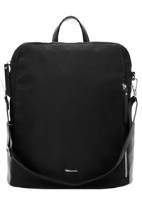 Black nylon backpack with dual top handles and a detachable shoulder strap. Features zip pockets and smooth textured accents.