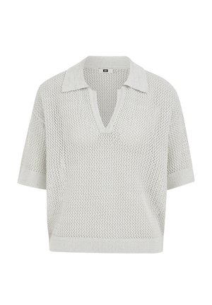 Helehall triibuline lühikeste varrukatega polo kampsun, avatud kudumismustriga, V-kaelusega ning soonikuga krae ja äär.