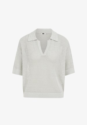 Helehall triibuline lühikeste varrukatega polo kampsun, avatud kudumismustriga, V-kaelusega ning soonikuga krae ja äär.