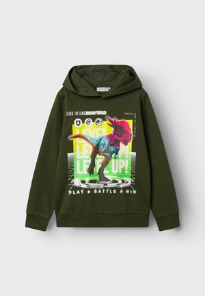 Sweat à capuche vert foncé avec un graphique dinosaure coloré et le texte ""Level Up! Play Battle Win"" à l'avant.