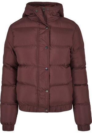 Burgunderfarget puffjakke med hette, med en quiltet design, frontknapper, elastiske mansjetter og en tilpasset midje for varme.