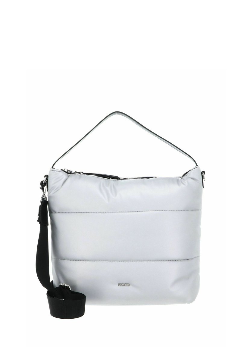 Sac d'épaule matelassé gris avec une bandoulière noire. Comprend une fermeture éclair et des coutures horizontales. Comprend un détail de logo métallique sur le devant.