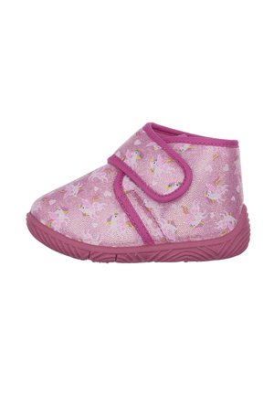 Pinke Stoffschuhe mit Einhorn- und Regenbogenmuster, ausgestattet mit einem Klettverschluss, einer strukturierten Gummisohle und einem runden Zehenbereich.