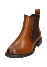Brown leather Chelsea boot with elastic side panels, smooth finish, rounded toe, and a low block heel. Subtle embossed logo detail.