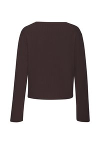 Braunes Langarmoberteil mit gerippter Textur, cropped Design, weitem Ausschnitt und geradem Saum, mit heruntergesetzten Schulternähten.