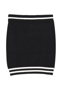 Top tubolare nero in maglia con strisce orizzontali bianche sui bordi superiore e inferiore. Tessuto liscio, design aderente e materiale elasticizzato.