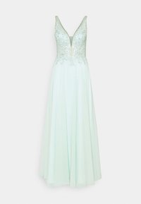 Mátově zelené šaty s hlubokým výstřihem do V, zdobený korzet s flitry a květinovými detaily, splývavá sukně z lehkého materiálu.