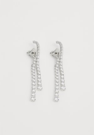 Silver-tone earrings featuring two cascading strands adorned with clear round rhinestones, highlighting a sleek and modern design.