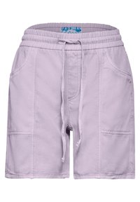 Shorts lavande clair en coton, dotés d'une taille élastique, d'un cordon de serrage et de deux poches avant avec des détails cousus.
