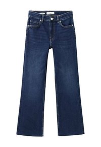 Jean large à jambe large bleu foncé en denim. Il présente une taille mi-haute, deux poches avant et des éléments métalliques à la ceinture. Finition propre.