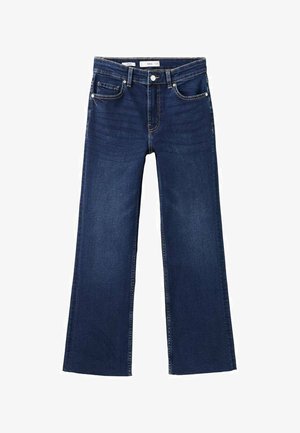 Temno modre široke kavbojke iz jeansa. Imajo srednje visok pas, dva sprednja žepa in kovinske detajle na pasu. Čist zaključek.