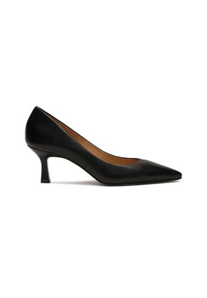 Black leather pump with a pointed toe and a medium stiletto heel. Smooth texture with a classic silhouette. No decorations or patterns.