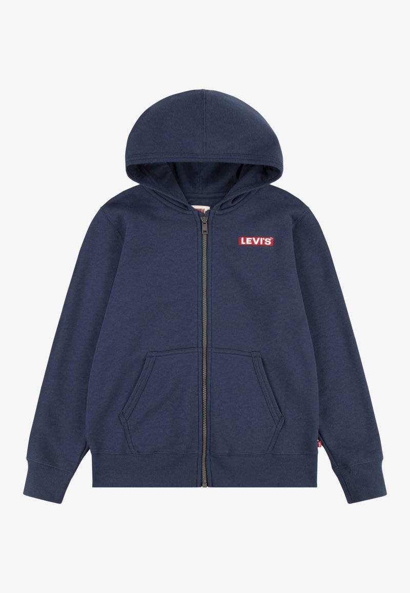 Dunkelblauer Reißverschluss-Hoodie aus einem Baumwollgemisch mit Kapuze, Vordertaschen und rotem Levi's-Logo auf der linken Brust. Glatte Textur.