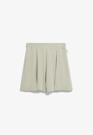 Lichtgroene, geplooide shorts met een elastische tailleband, gemaakt van zachte stof, voorzien van een eenvoudig ontwerp en zonder zichtbare sluitingen of zakken.