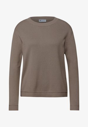 Pull marron tricoté avec un col rond, des manches longues, des poignets et un ourlet côtelés. Présente un tissage texturé, étiquette visible au niveau du col.