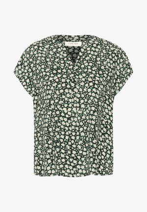 Kvetinová blúzka tmavozelenej farby s výstrihom do V a krátkymi rukávmi. Obsahuje rozptýlený vzor bielych a svetlozelených kvetov. Mäkko, ľahký materiál.
