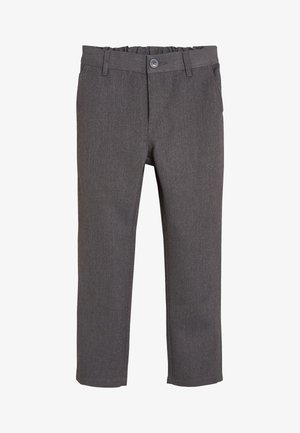 Pantaloni din țesătură gri, împletiți, cu sistem de închidere cu buton și talie elastică. Au un design cu picioare drepte și nu au buzunare vizibile.