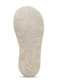 Soletta bianca con superficie testurizzata caratterizzata da modelli di logo circolari e la parola "Naturino" in rilievo. Include un dettaglio numerico "19" nella parte inferiore.