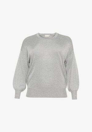 Világosszürke pulóver, kerek nyakkal, hosszú ballon ujjal, bordázott mandzsettával és szőtt textúrával. Puha, könnyű anyag.