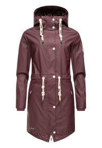 Waterproof maroon raincoat with a hood, adjustable white drawstrings, snap buttons, and a patterned inner lining. Features a curved hem.